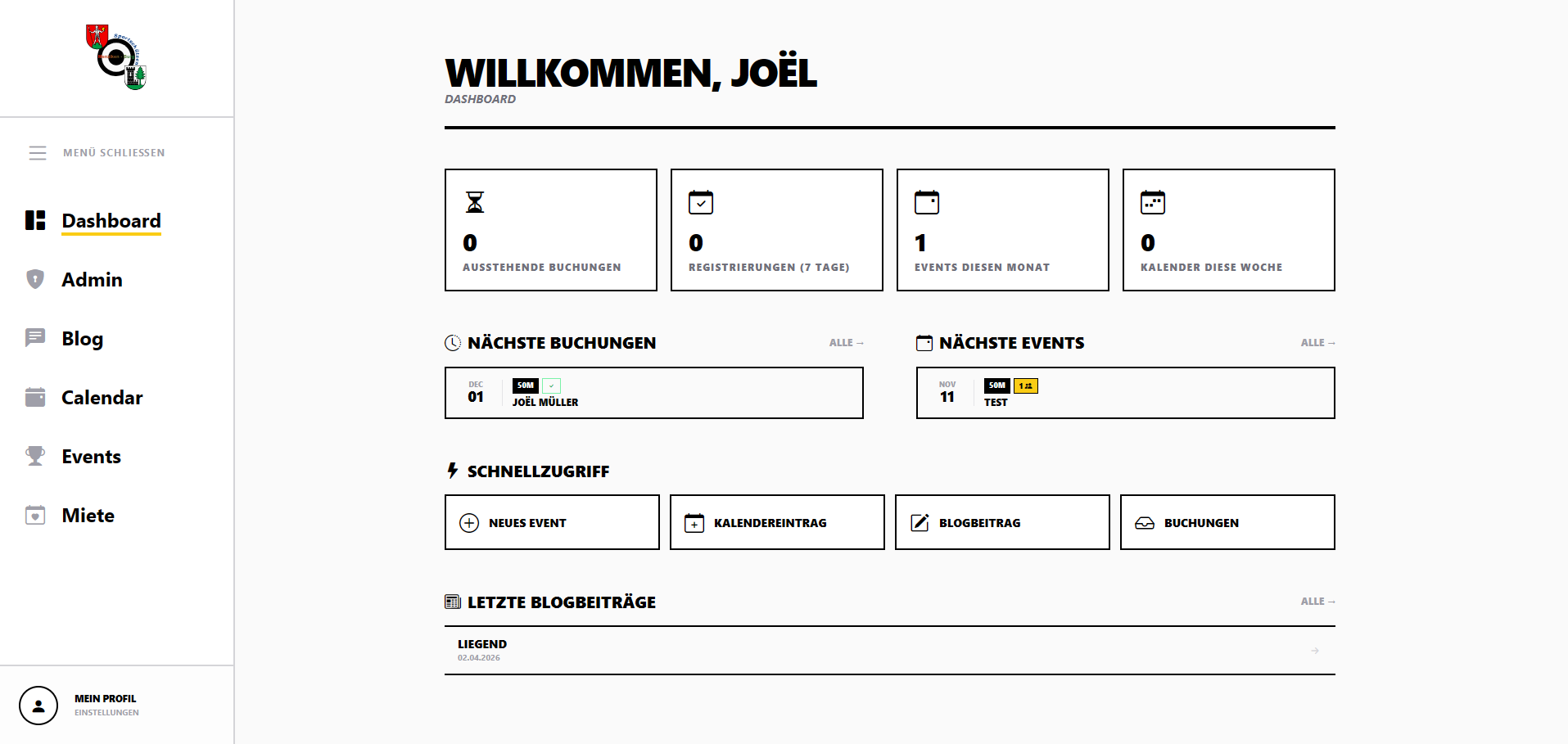 Screenshot of dashboard
